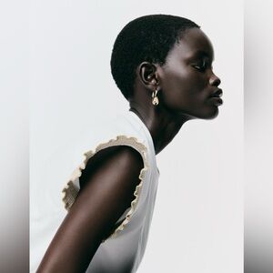 ZARA White Knit Shirt with Gold Trim Sleeves